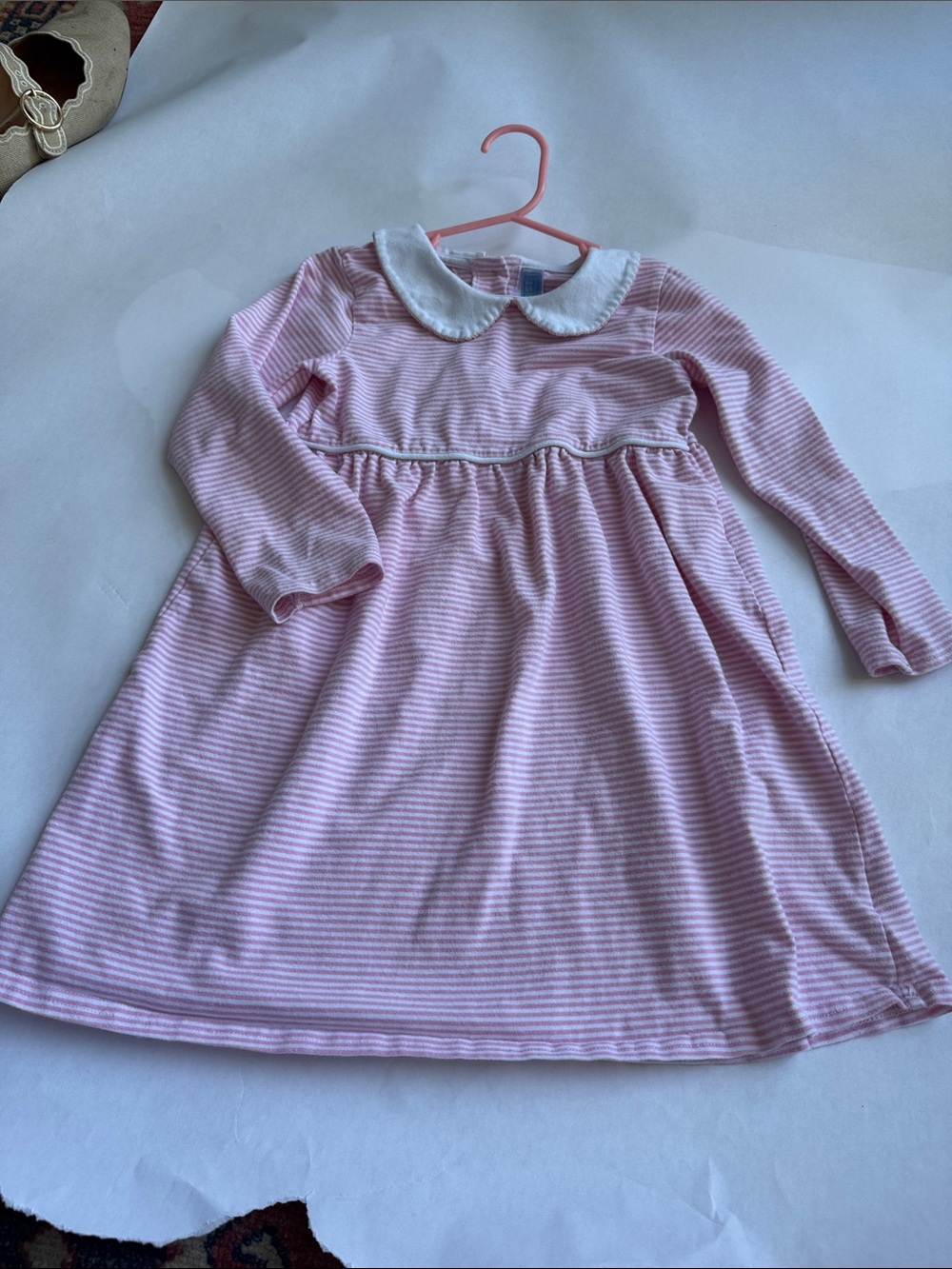 Girls Pink Striped Long-Sleeve Dress with White Peter Pan Collar